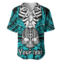 Personalised Polynesia Skull Baseball Jersey With Boars Tusk Aqua Arty Vibe LT9 Aqua - Polynesian Pride