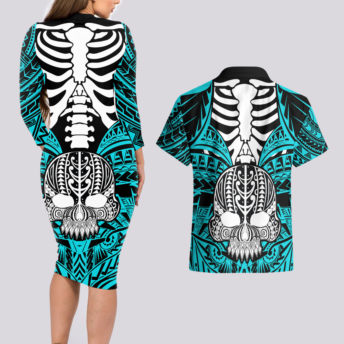personalised-polynesia-skull-couples-matching-long-sleeve-bodycon-dress-and-hawaiian-shirt-with-boars-tusk-aqua-arty-vibe