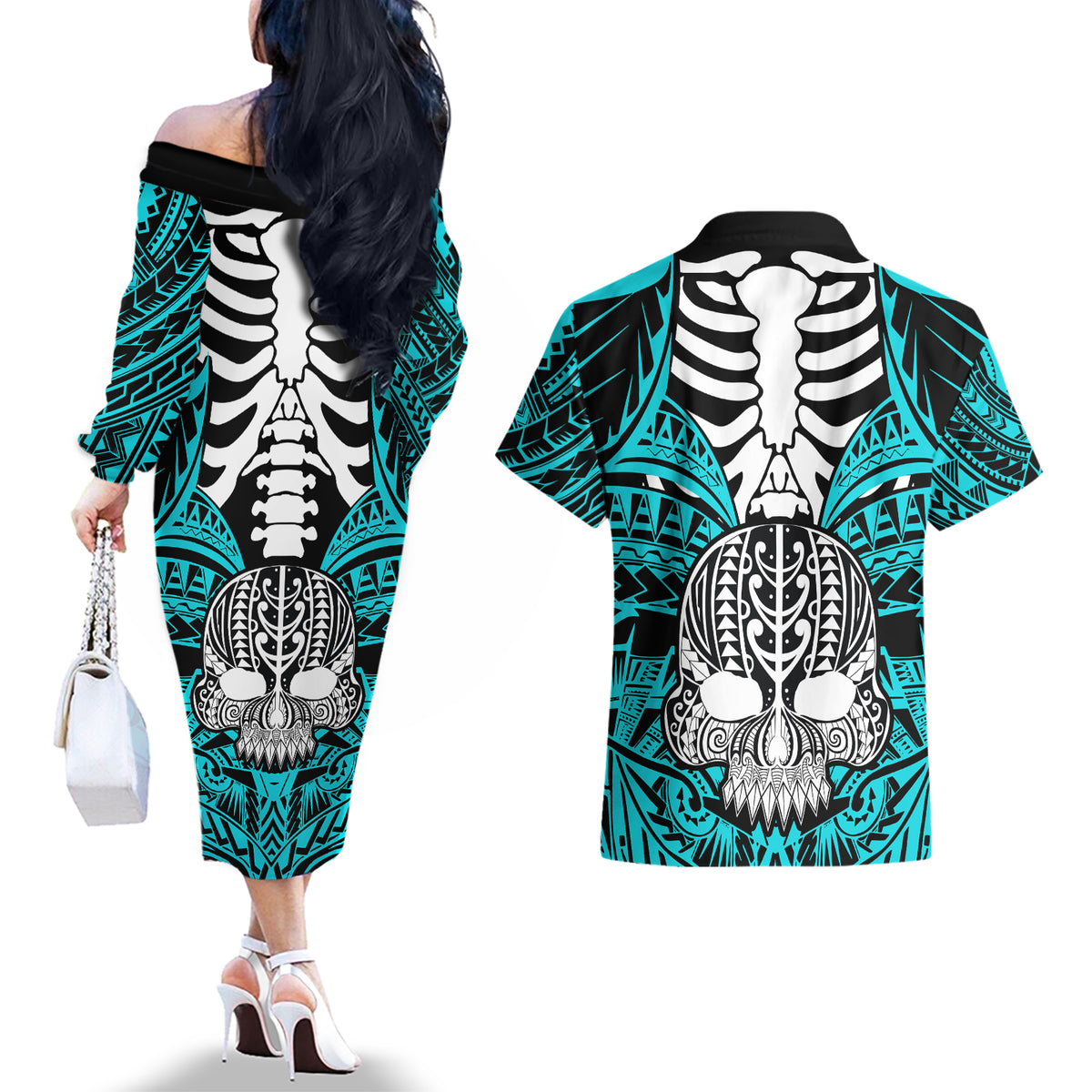 personalised-polynesia-skull-couples-matching-off-the-shoulder-long-sleeve-dress-and-hawaiian-shirt-with-boars-tusk-aqua-arty-vibe