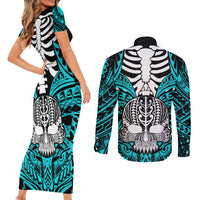personalised-polynesia-skull-couples-matching-short-sleeve-bodycon-dress-and-long-sleeve-button-shirts-with-boars-tusk-aqua-arty-vibe