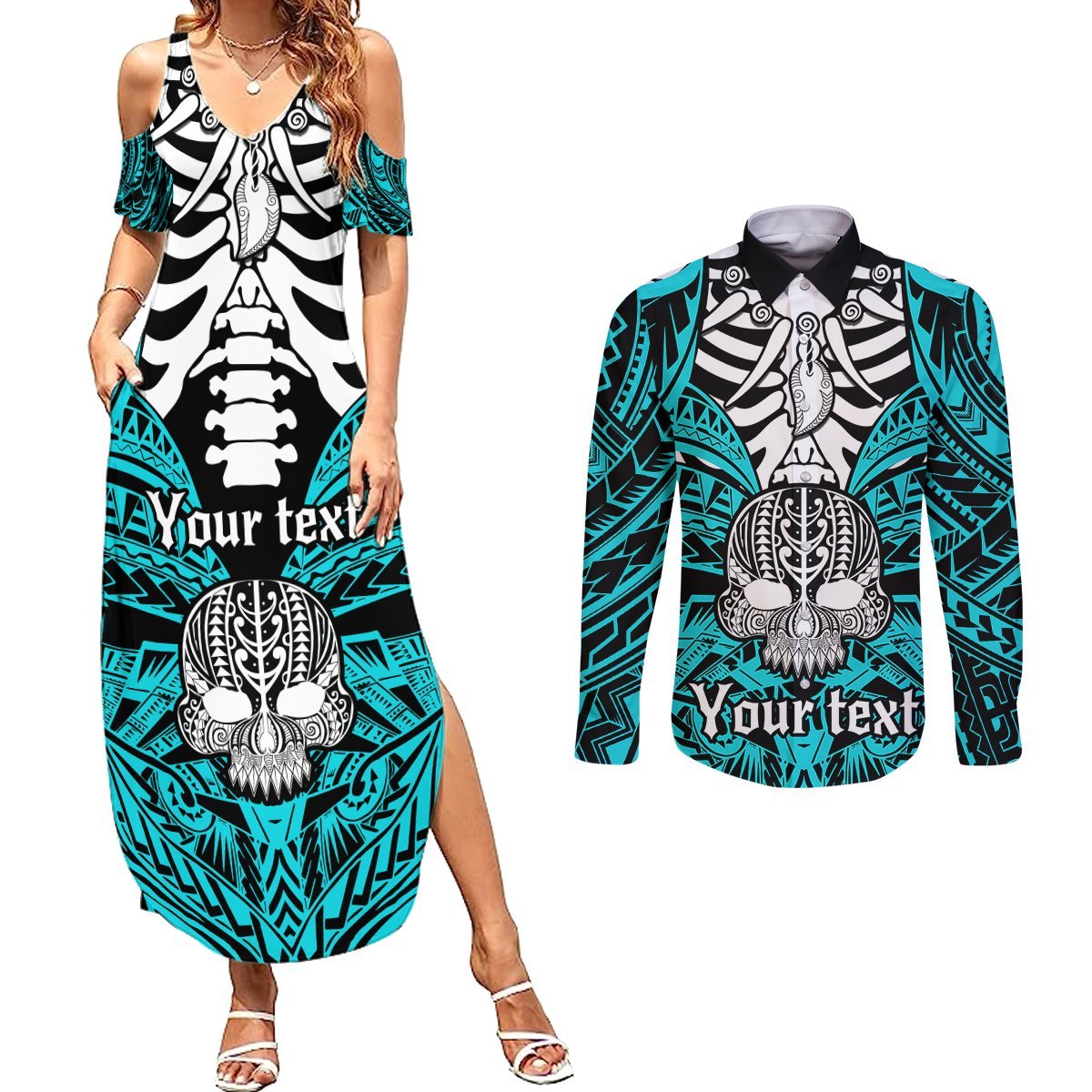 Personalised Polynesia Skull Couples Matching Summer Maxi Dress and Long Sleeve Button Shirts With Boars Tusk Aqua Arty Vibe LT9 Aqua - Polynesian Pride