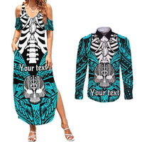 Personalised Polynesia Skull Couples Matching Summer Maxi Dress and Long Sleeve Button Shirts With Boars Tusk Aqua Arty Vibe LT9 Aqua - Polynesian Pride