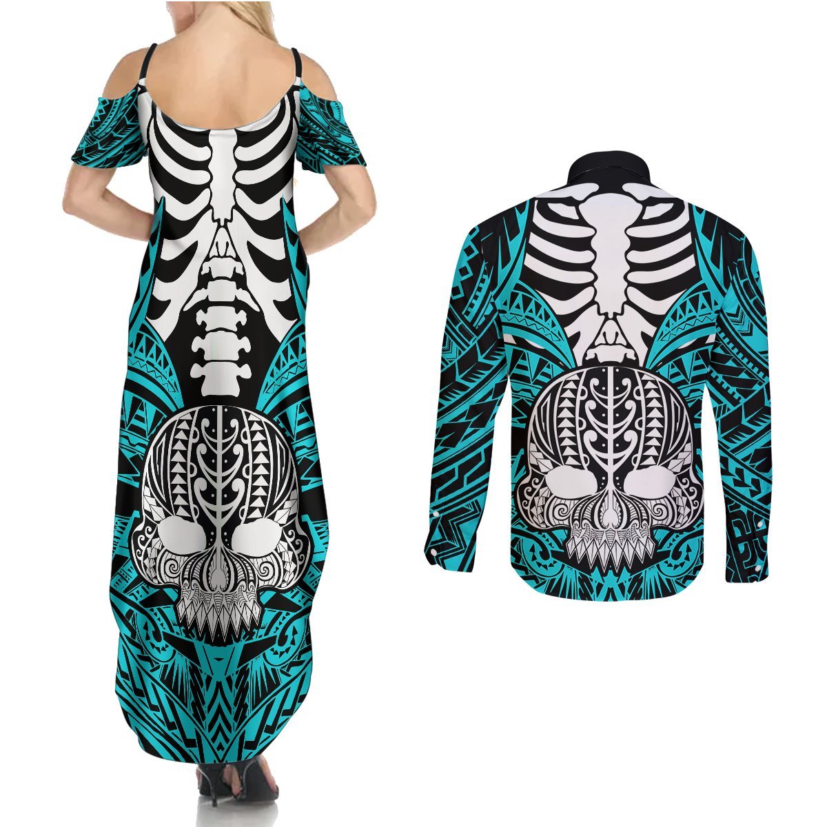 Personalised Polynesia Skull Couples Matching Summer Maxi Dress and Long Sleeve Button Shirts With Boars Tusk Aqua Arty Vibe LT9 - Polynesian Pride