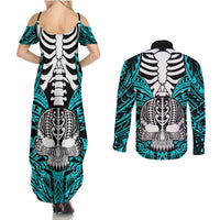 Personalised Polynesia Skull Couples Matching Summer Maxi Dress and Long Sleeve Button Shirts With Boars Tusk Aqua Arty Vibe LT9 - Polynesian Pride