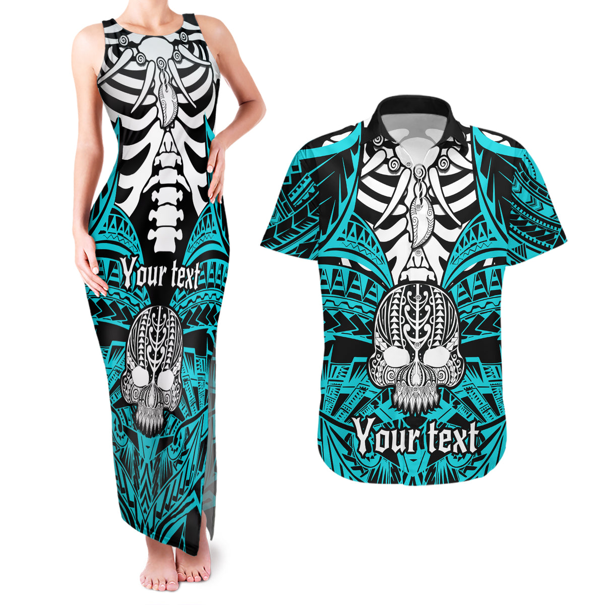 Personalised Polynesia Skull Couples Matching Tank Maxi Dress and Hawaiian Shirt With Boars Tusk Aqua Arty Vibe LT9 Aqua - Polynesian Pride