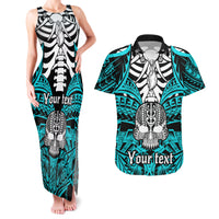 Personalised Polynesia Skull Couples Matching Tank Maxi Dress and Hawaiian Shirt With Boars Tusk Aqua Arty Vibe LT9 Aqua - Polynesian Pride