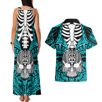 Personalised Polynesia Skull Couples Matching Tank Maxi Dress and Hawaiian Shirt With Boars Tusk Aqua Arty Vibe LT9 - Polynesian Pride