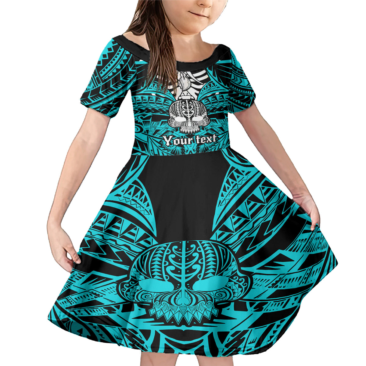 Personalised Polynesia Skull Family Matching Mermaid Dress and Hawaiian Shirt With Boars Tusk Aqua Arty Vibe LT9 Daughter's Dress Aqua - Polynesian Pride