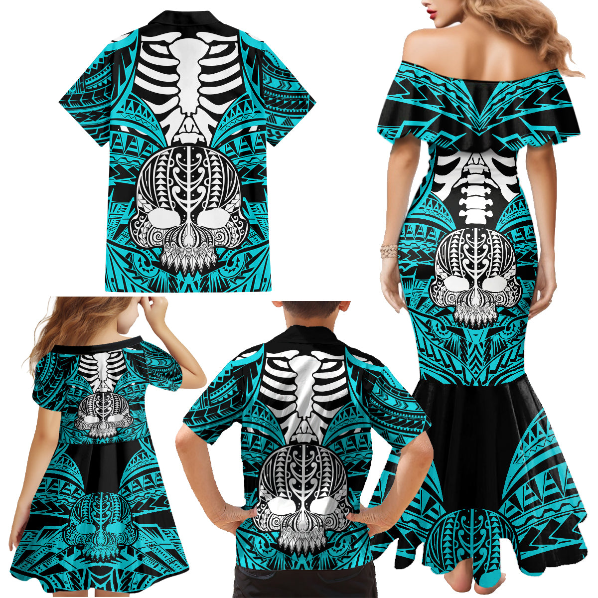 Personalised Polynesia Skull Family Matching Mermaid Dress and Hawaiian Shirt With Boars Tusk Aqua Arty Vibe LT9 - Polynesian Pride