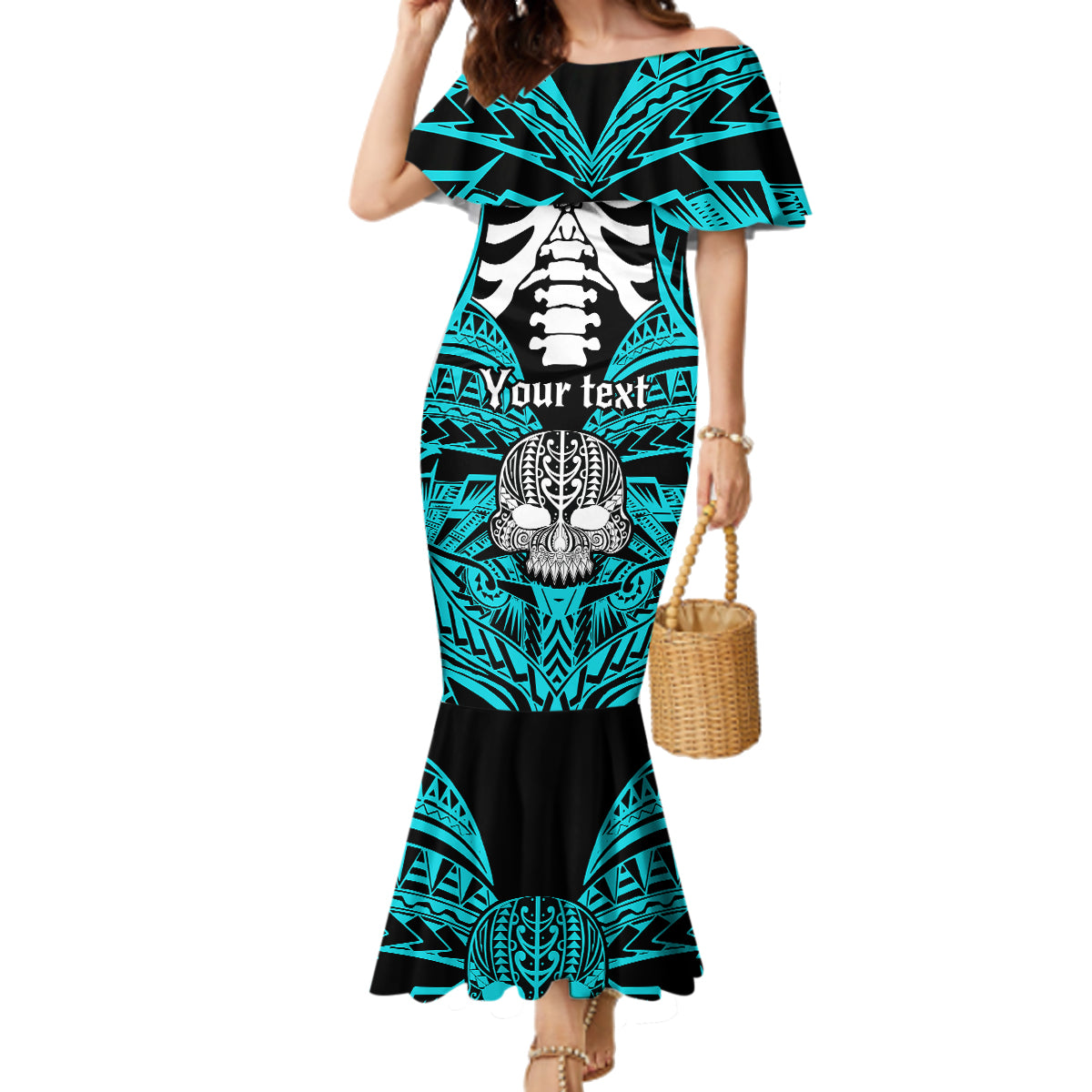 Personalised Polynesia Skull Family Matching Mermaid Dress and Hawaiian Shirt With Boars Tusk Aqua Arty Vibe LT9 Mom's Dress Aqua - Polynesian Pride
