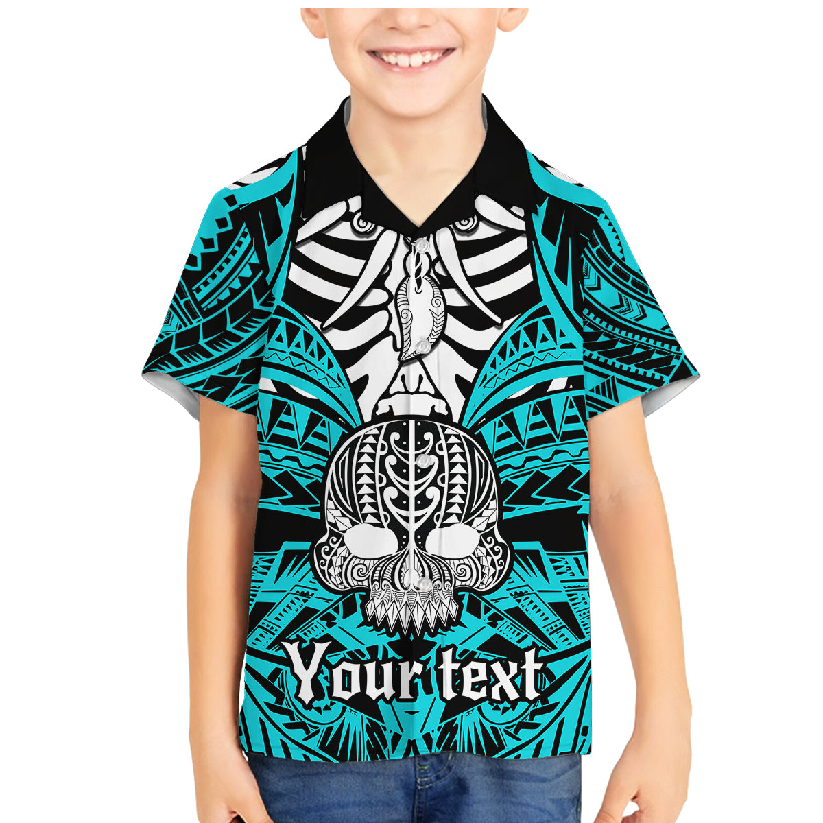 Personalised Polynesia Skull Family Matching Mermaid Dress and Hawaiian Shirt With Boars Tusk Aqua Arty Vibe LT9 Son's Shirt Aqua - Polynesian Pride