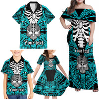 Personalised Polynesia Skull Family Matching Off Shoulder Maxi Dress and Hawaiian Shirt With Boars Tusk Aqua Arty Vibe LT9 - Polynesian Pride