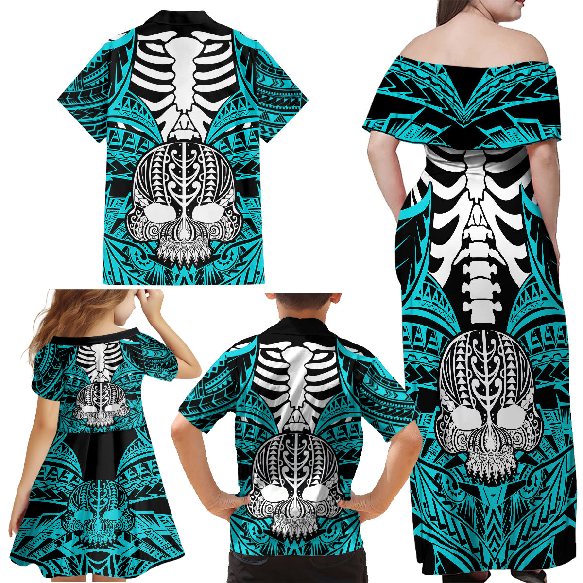 Personalised Polynesia Skull Family Matching Off Shoulder Maxi Dress and Hawaiian Shirt With Boars Tusk Aqua Arty Vibe LT9 - Polynesian Pride