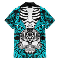 Personalised Polynesia Skull Family Matching Off Shoulder Maxi Dress and Hawaiian Shirt With Boars Tusk Aqua Arty Vibe LT9 - Polynesian Pride