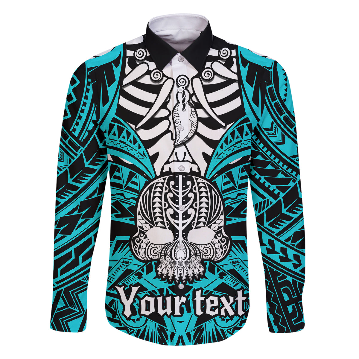 Personalised Polynesia Skull Family Matching Off Shoulder Maxi Dress and Hawaiian Shirt With Boars Tusk Aqua Arty Vibe LT9 Dad's Shirt - Long Sleeve Aqua - Polynesian Pride