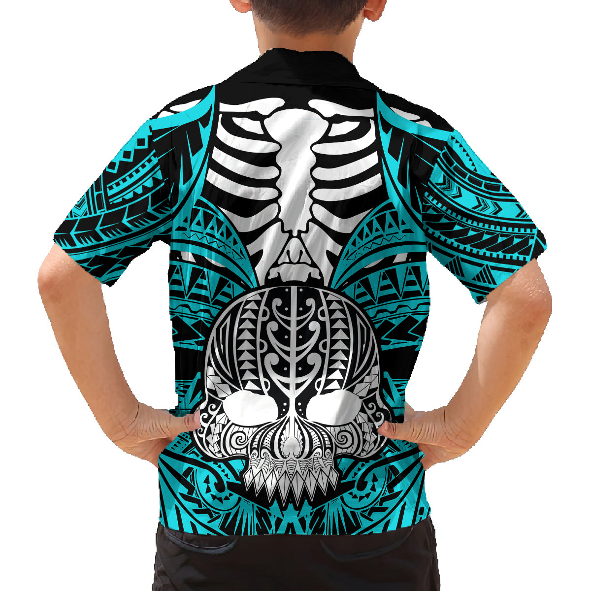 Personalised Polynesia Skull Family Matching Off Shoulder Short Dress and Hawaiian Shirt With Boars Tusk Aqua Arty Vibe LT9 - Polynesian Pride