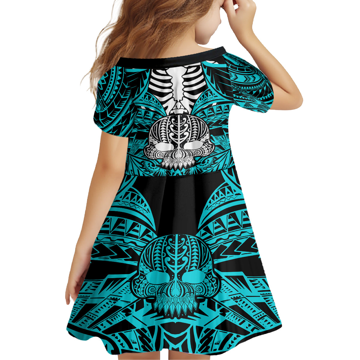 Personalised Polynesia Skull Family Matching Off Shoulder Short Dress and Hawaiian Shirt With Boars Tusk Aqua Arty Vibe LT9 - Polynesian Pride