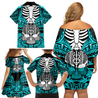 Personalised Polynesia Skull Family Matching Off Shoulder Short Dress and Hawaiian Shirt With Boars Tusk Aqua Arty Vibe LT9 - Polynesian Pride