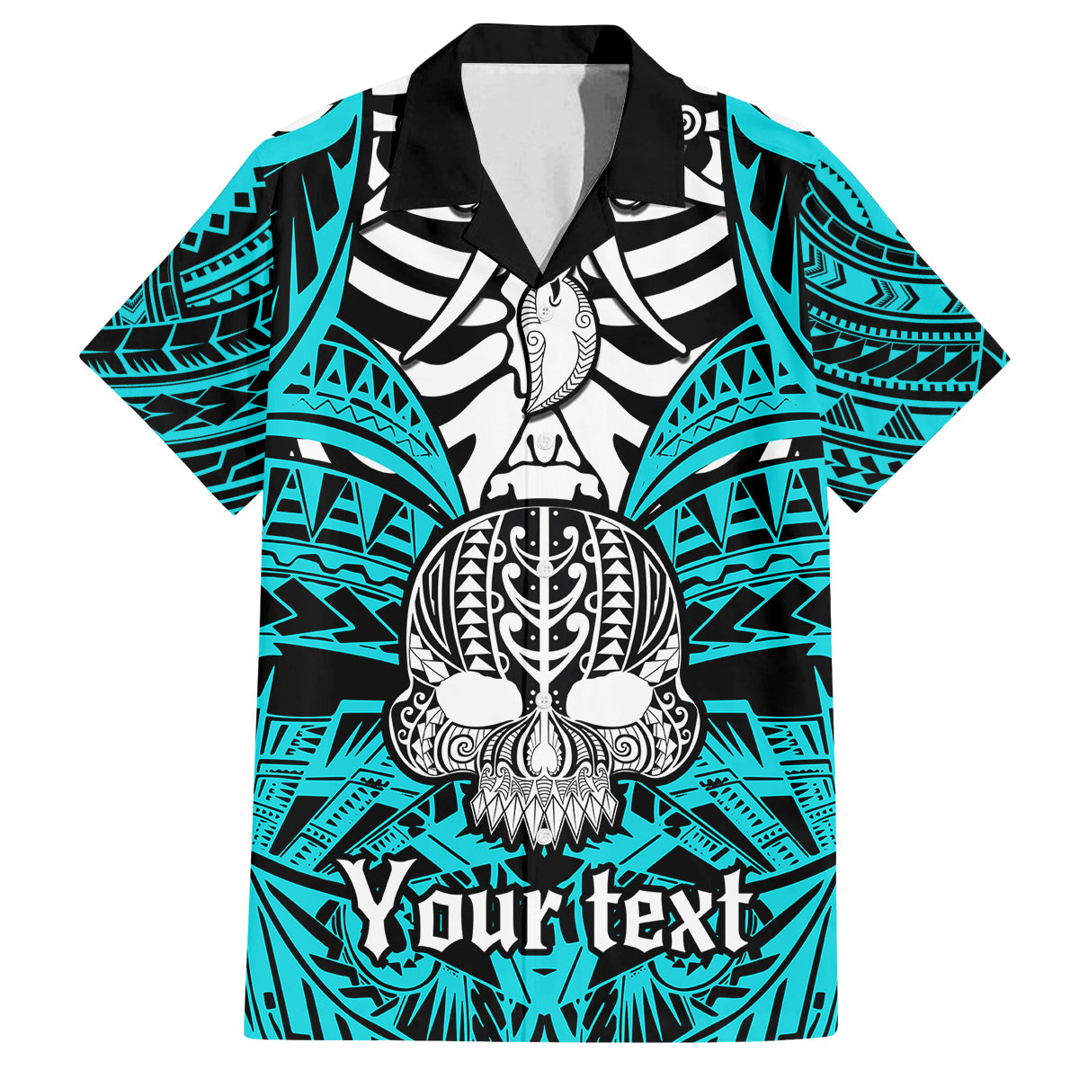 Personalised Polynesia Skull Family Matching Off Shoulder Short Dress and Hawaiian Shirt With Boars Tusk Aqua Arty Vibe LT9 Dad's Shirt - Short Sleeve Aqua - Polynesian Pride