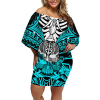 Personalised Polynesia Skull Family Matching Off Shoulder Short Dress and Hawaiian Shirt With Boars Tusk Aqua Arty Vibe LT9 Mom's Dress Aqua - Polynesian Pride