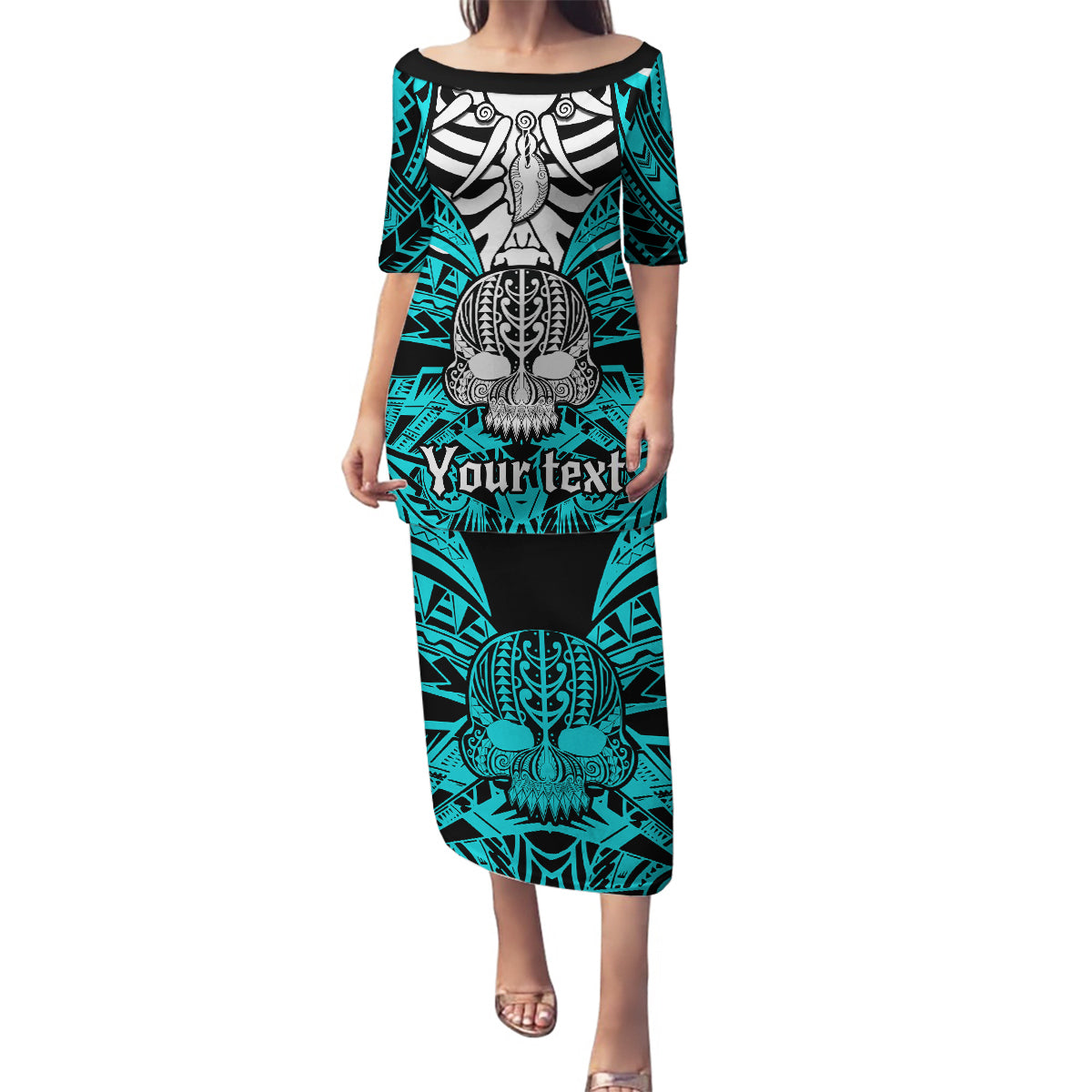 Personalised Polynesia Skull Family Matching Puletasi Dress and Hawaiian Shirt With Boars Tusk Aqua Arty Vibe LT9 Mom's Dress Aqua - Polynesian Pride