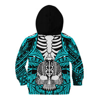 Personalised Polynesia Skull Kid Hoodie With Boars Tusk Aqua Arty Vibe LT9 - Polynesian Pride
