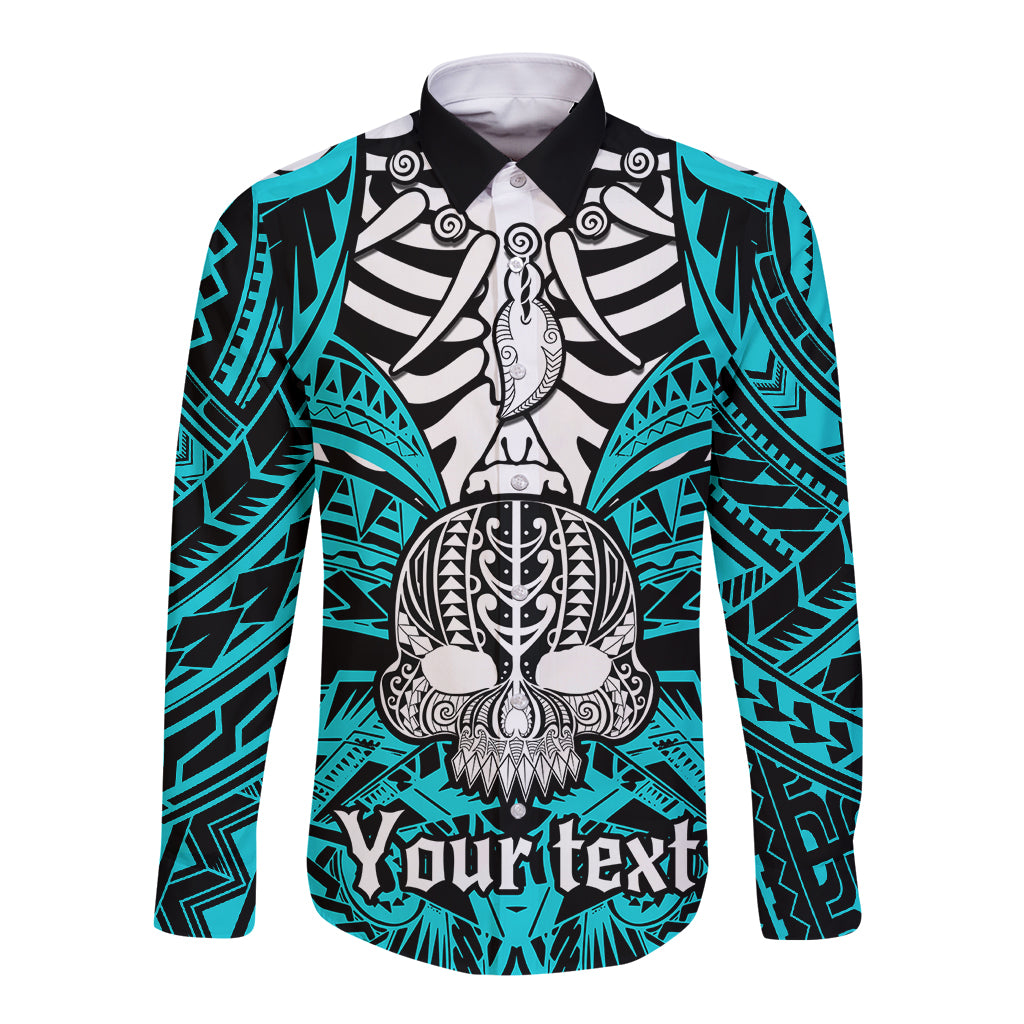 personalised-polynesia-skull-long-sleeve-button-shirt-with-boars-tusk-aqua-arty-vibe