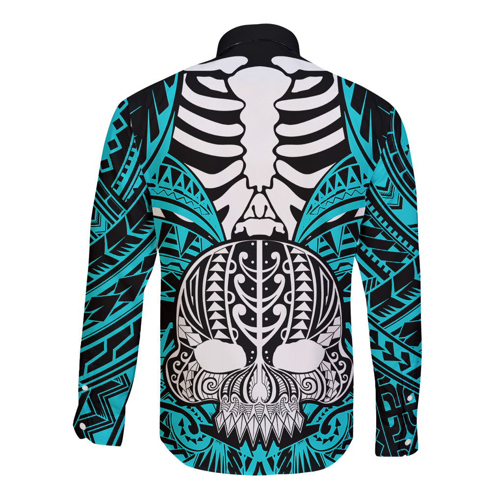 personalised-polynesia-skull-long-sleeve-button-shirt-with-boars-tusk-aqua-arty-vibe