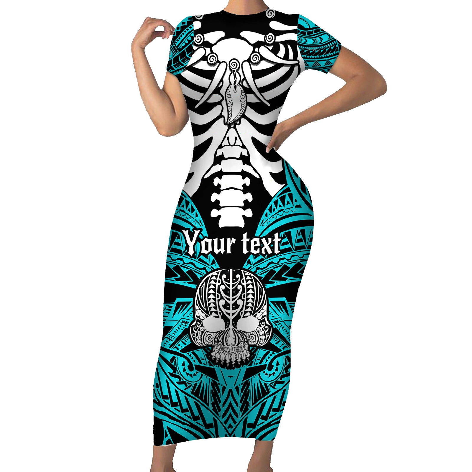 personalised-polynesia-skull-short-sleeve-bodycon-dress-with-boars-tusk-aqua-arty-vibe