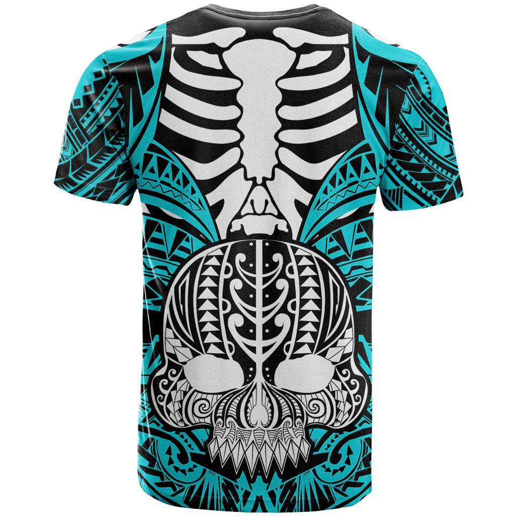 Personalised Polynesia Skull T Shirt With Boars Tusk Aqua Arty Vibe LT9 - Polynesian Pride