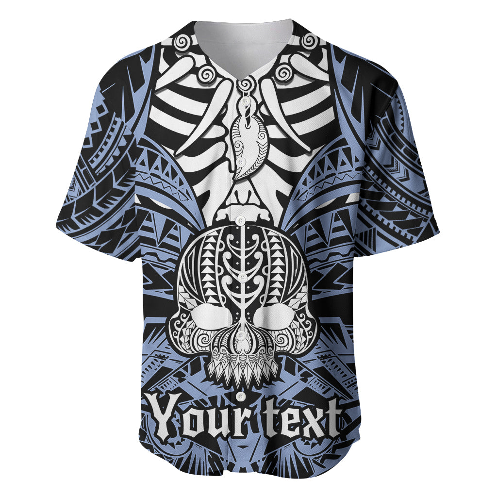 Personalised Polynesia Skull Baseball Jersey With Boars Tusk Blue Arty Vibe LT9 Blue - Polynesian Pride