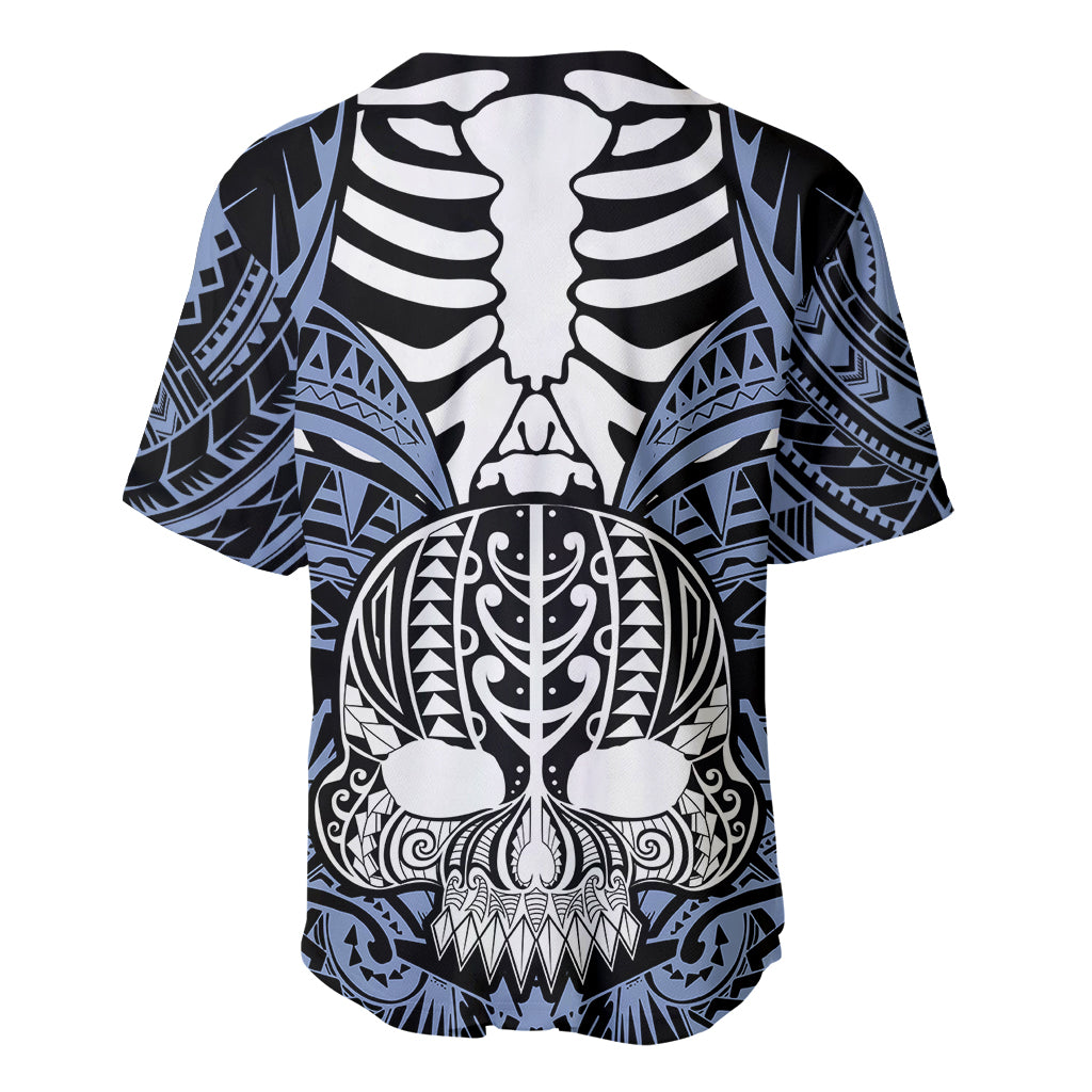 Personalised Polynesia Skull Baseball Jersey With Boars Tusk Blue Arty Vibe LT9 - Polynesian Pride