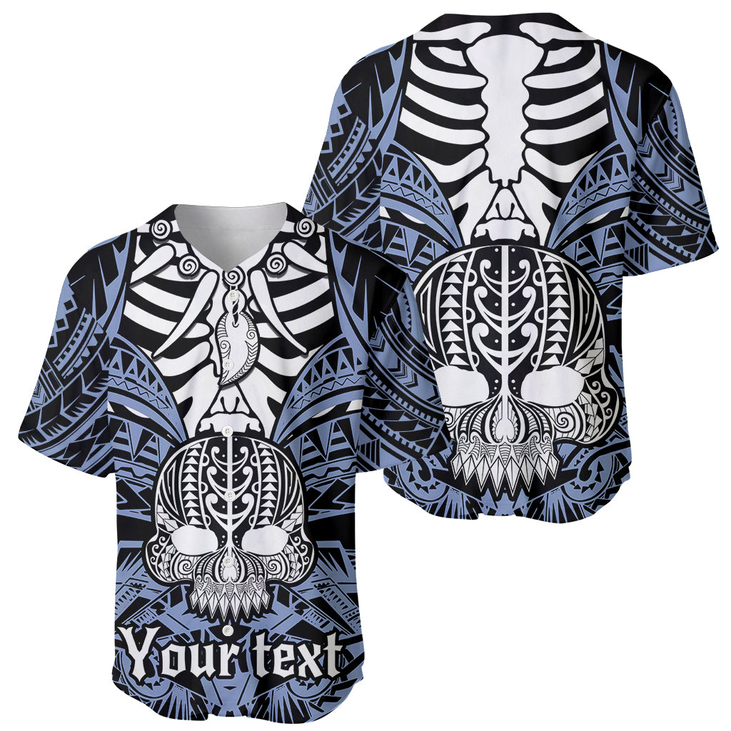 Personalised Polynesia Skull Baseball Jersey With Boars Tusk Blue Arty Vibe LT9 - Polynesian Pride
