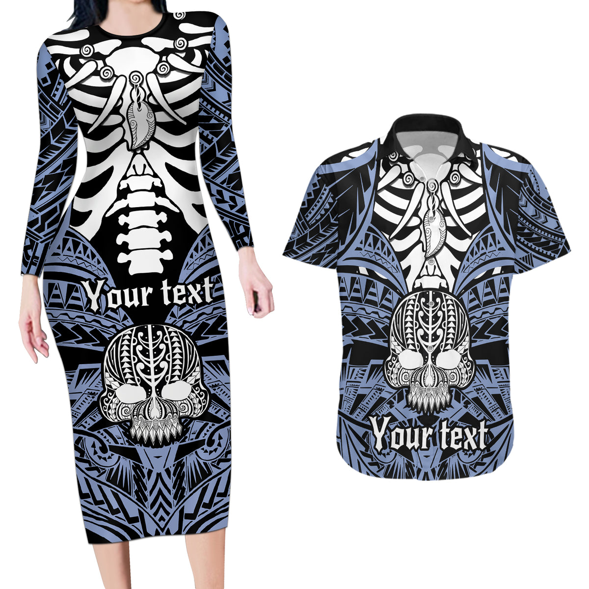 personalised-polynesia-skull-couples-matching-long-sleeve-bodycon-dress-and-hawaiian-shirt-with-boars-tusk-blue-arty-vibe