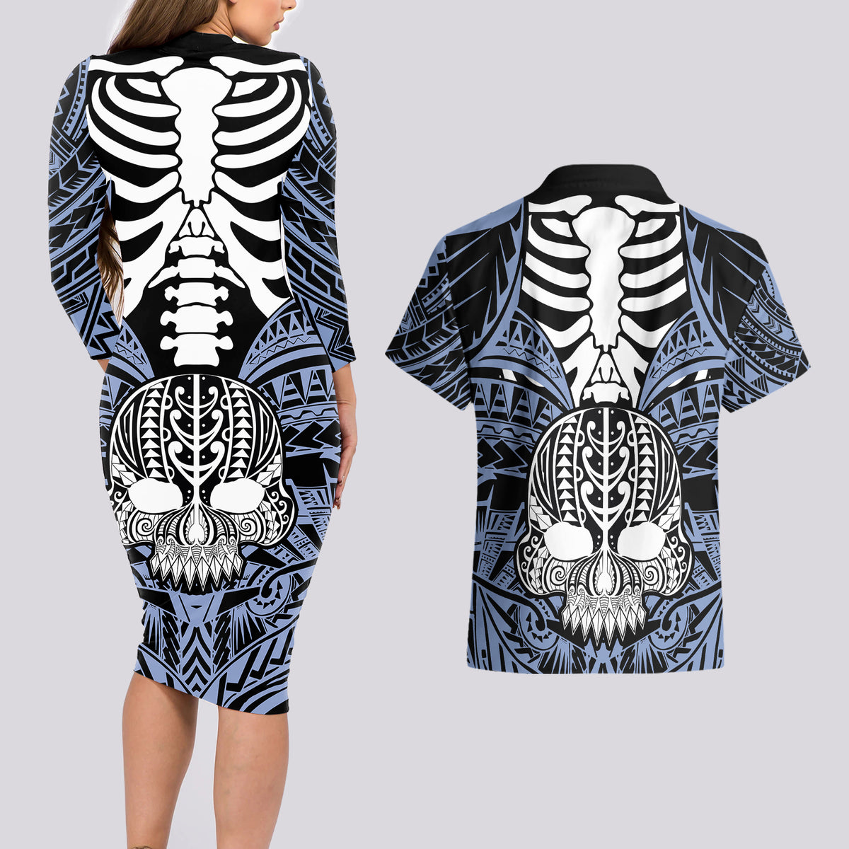 personalised-polynesia-skull-couples-matching-long-sleeve-bodycon-dress-and-hawaiian-shirt-with-boars-tusk-blue-arty-vibe