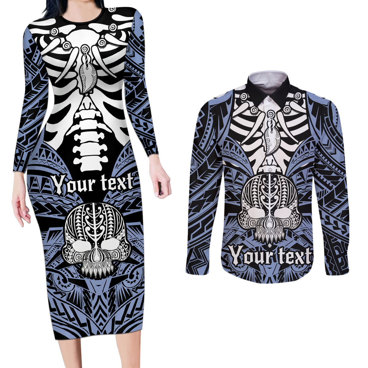 personalised-polynesia-skull-couples-matching-long-sleeve-bodycon-dress-and-long-sleeve-button-shirts-with-boars-tusk-blue-arty-vibe