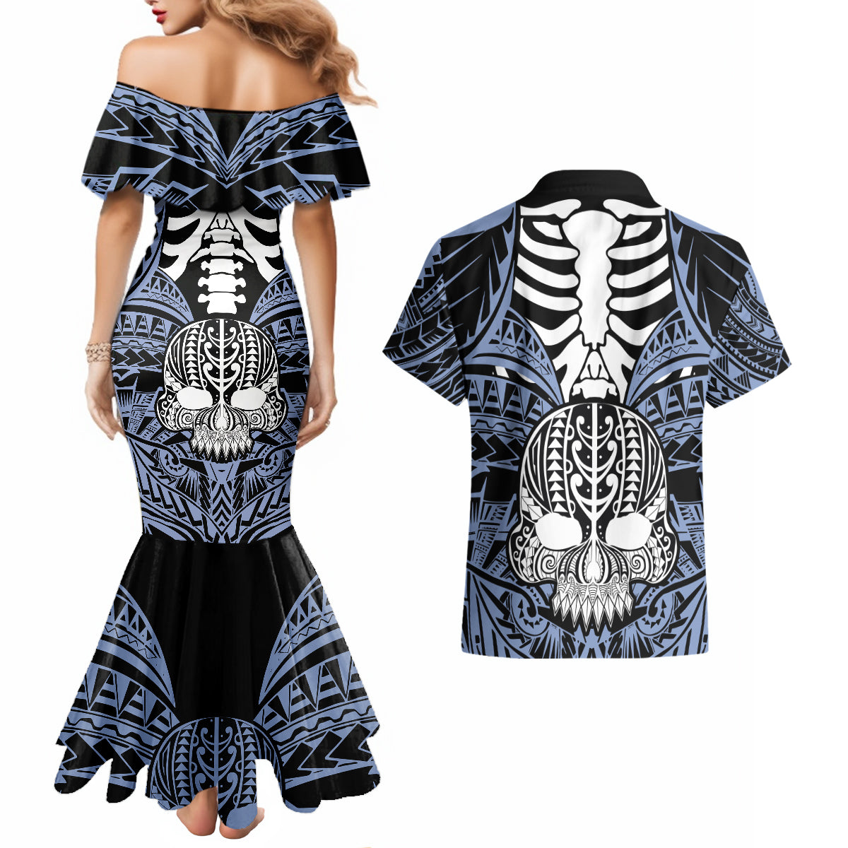 personalised-polynesia-skull-couples-matching-mermaid-dress-and-hawaiian-shirt-with-boars-tusk-blue-arty-vibe