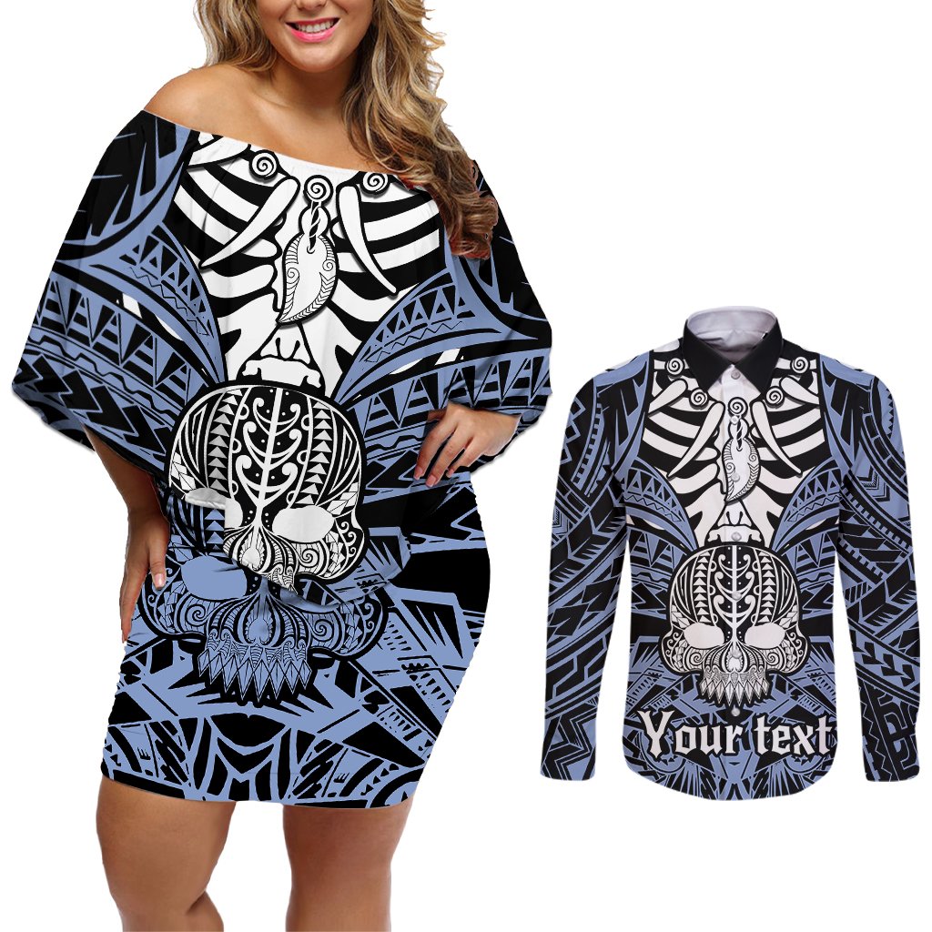 personalised-polynesia-skull-couples-matching-off-shoulder-short-dress-and-long-sleeve-button-shirts-with-boars-tusk-blue-arty-vibe