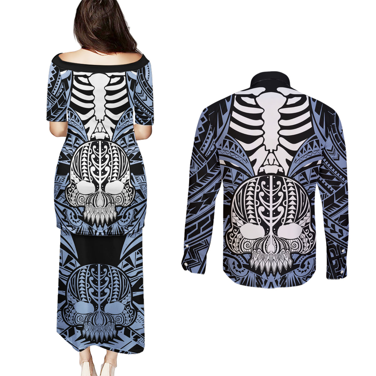 personalised-polynesia-skull-couples-matching-puletasi-dress-and-long-sleeve-button-shirts-with-boars-tusk-blue-arty-vibe