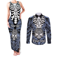 personalised-polynesia-skull-couples-matching-tank-maxi-dress-and-long-sleeve-button-shirts-with-boars-tusk-blue-arty-vibe