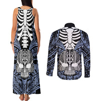 personalised-polynesia-skull-couples-matching-tank-maxi-dress-and-long-sleeve-button-shirts-with-boars-tusk-blue-arty-vibe