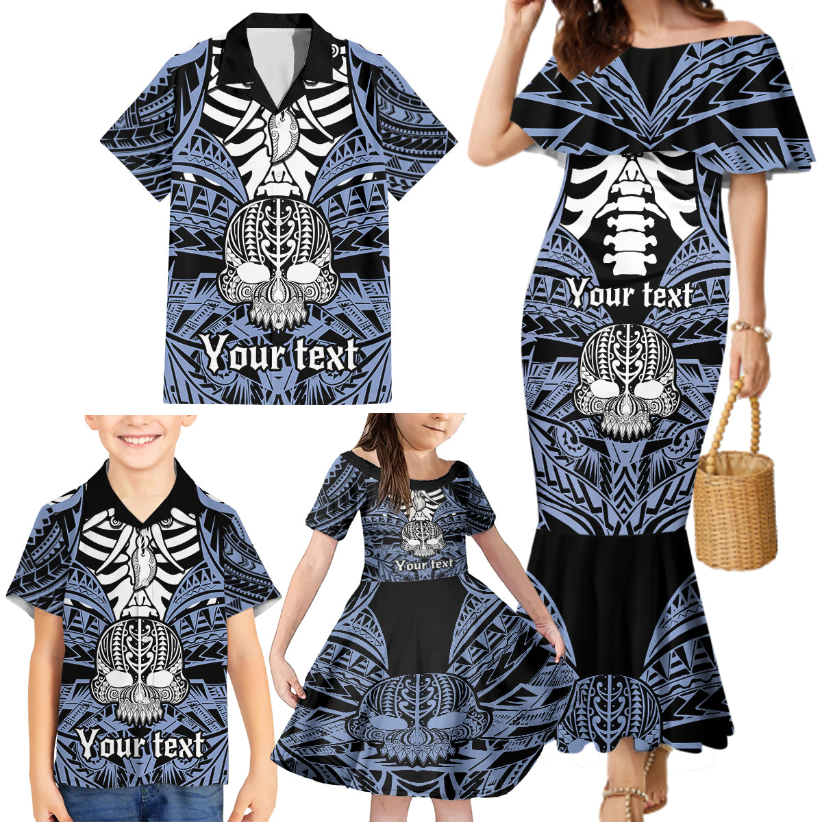 Personalised Polynesia Skull Family Matching Mermaid Dress and Hawaiian Shirt With Boars Tusk Blue Arty Vibe LT9 - Polynesian Pride