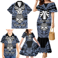 Personalised Polynesia Skull Family Matching Mermaid Dress and Hawaiian Shirt With Boars Tusk Blue Arty Vibe LT9 - Polynesian Pride