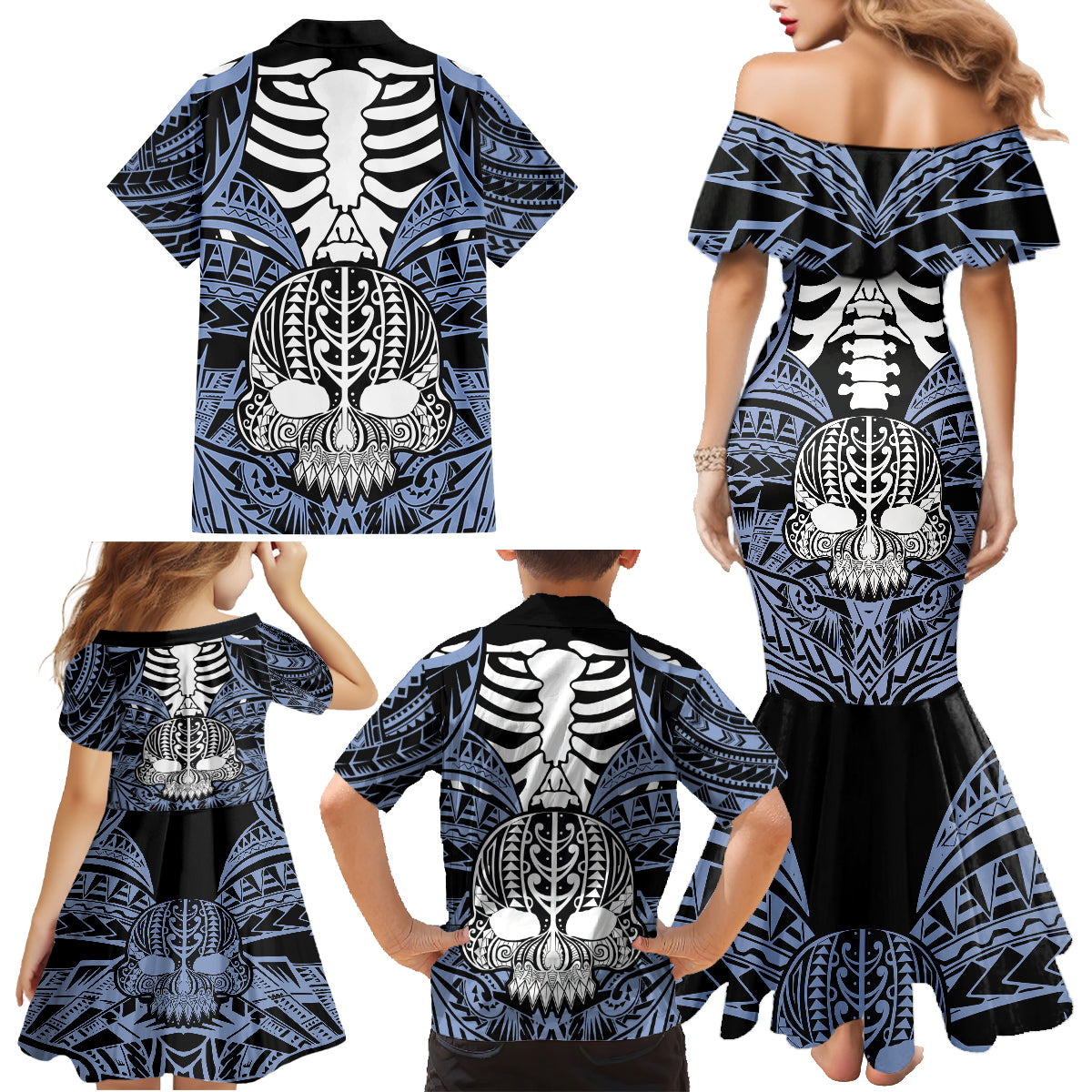 Personalised Polynesia Skull Family Matching Mermaid Dress and Hawaiian Shirt With Boars Tusk Blue Arty Vibe LT9 - Polynesian Pride