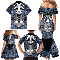 Personalised Polynesia Skull Family Matching Mermaid Dress and Hawaiian Shirt With Boars Tusk Blue Arty Vibe LT9 - Polynesian Pride