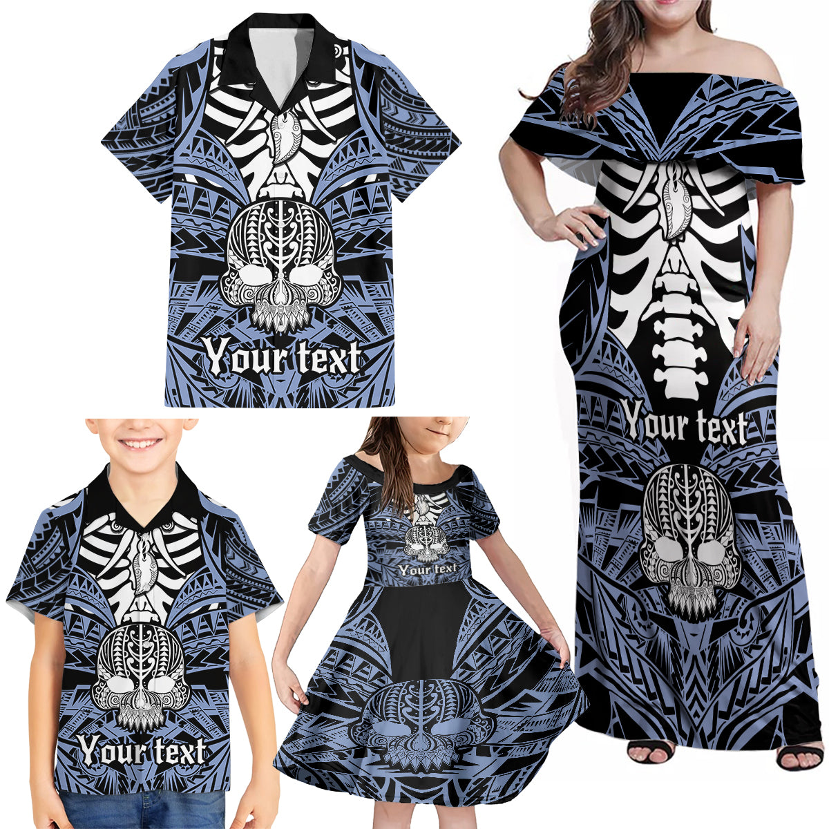 Personalised Polynesia Skull Family Matching Off Shoulder Maxi Dress and Hawaiian Shirt With Boars Tusk Blue Arty Vibe LT9 - Polynesian Pride