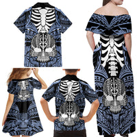 Personalised Polynesia Skull Family Matching Off Shoulder Maxi Dress and Hawaiian Shirt With Boars Tusk Blue Arty Vibe LT9 - Polynesian Pride