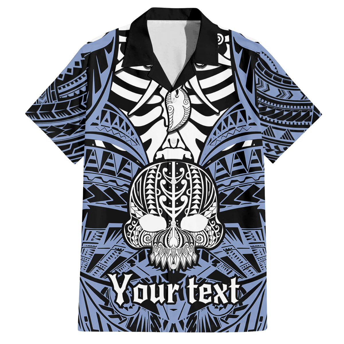 Personalised Polynesia Skull Family Matching Off Shoulder Maxi Dress and Hawaiian Shirt With Boars Tusk Blue Arty Vibe LT9 Dad's Shirt - Short Sleeve Blue - Polynesian Pride