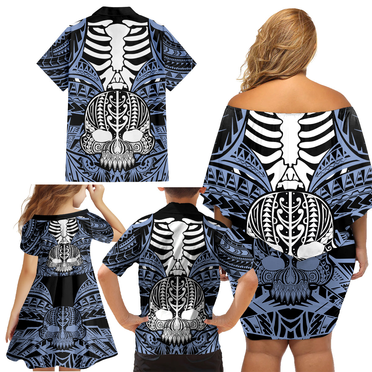 Personalised Polynesia Skull Family Matching Off Shoulder Short Dress and Hawaiian Shirt With Boars Tusk Blue Arty Vibe LT9 - Polynesian Pride