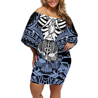 Personalised Polynesia Skull Family Matching Off Shoulder Short Dress and Hawaiian Shirt With Boars Tusk Blue Arty Vibe LT9 Mom's Dress Blue - Polynesian Pride